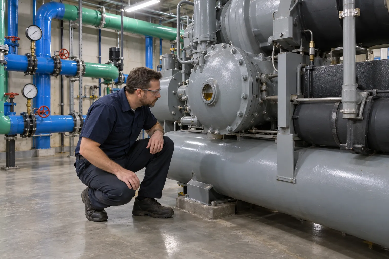 A building engineer crouching beside a centrifugal chiller in a plant room, looking at the oil sight glass on its compressor.