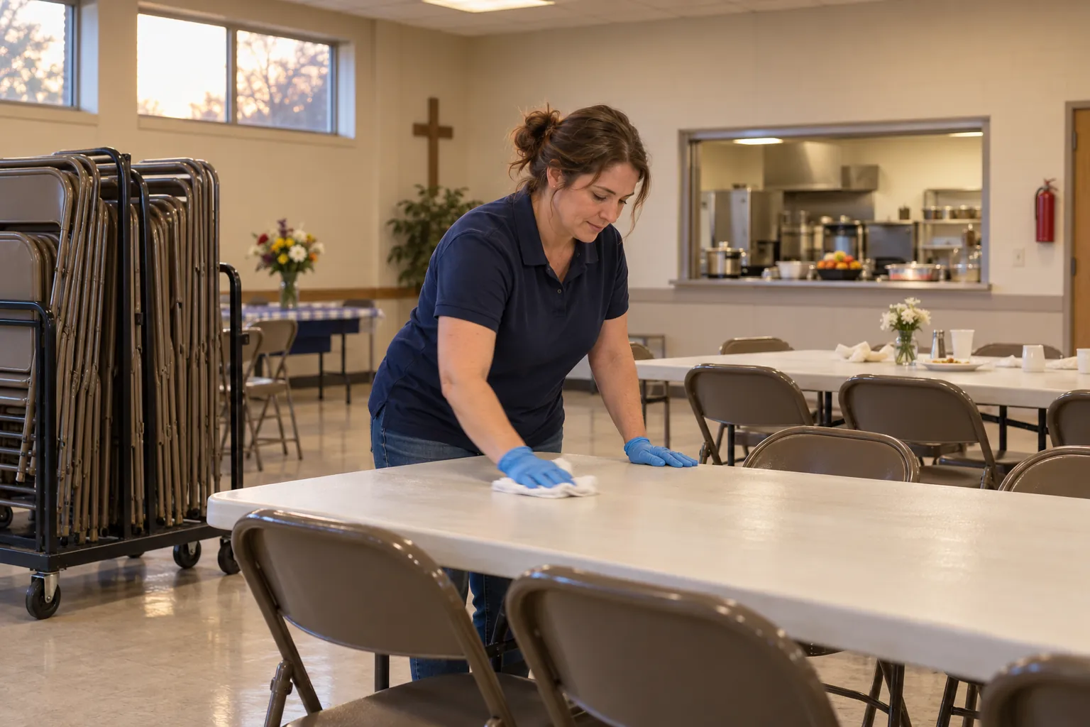A cleaner wiping down folding tables in a church fellowship hall beside a cart of stacked chairs.