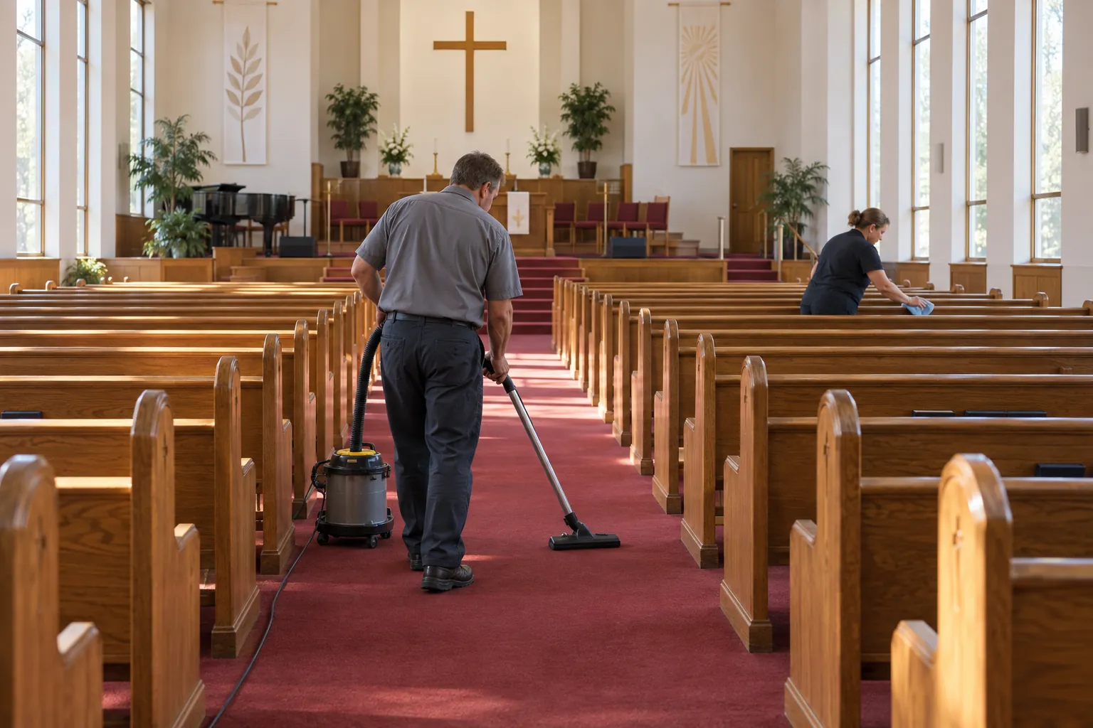 A custodian vacuuming the center aisle between rows of wooden pews in a bright church sanctuary.