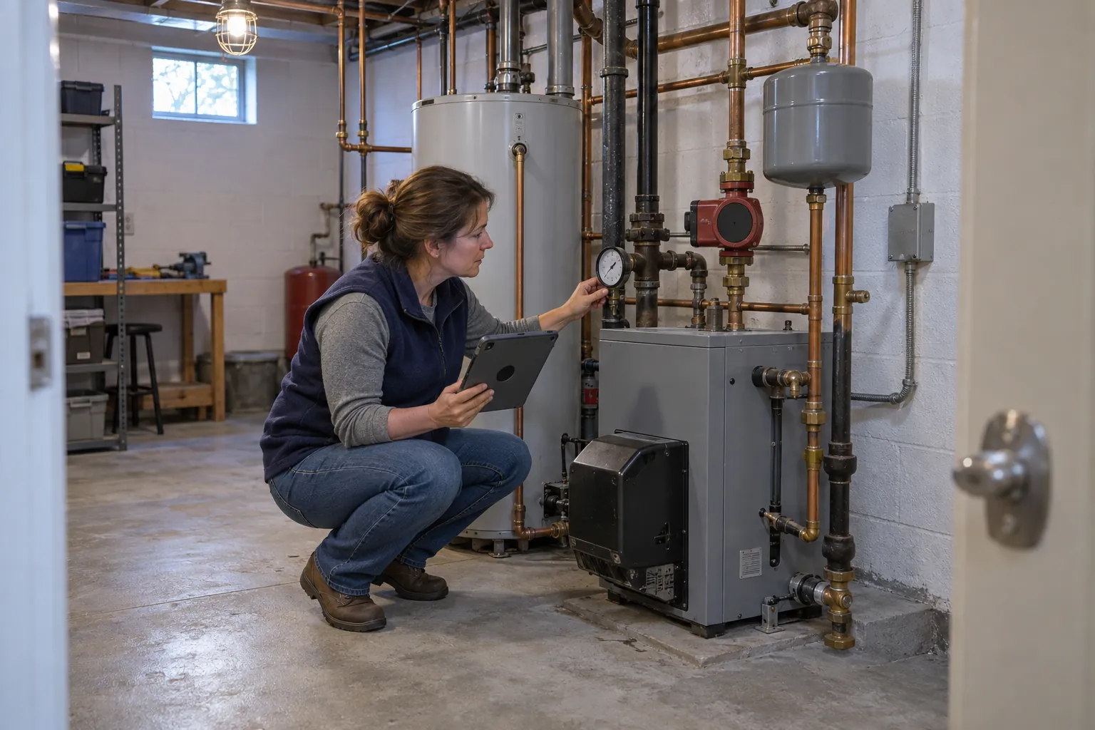 A volunteer crouching to read a boiler gauge beside a water heater in a church basement mechanical room.