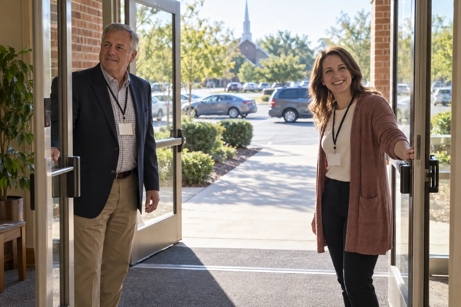 Two church greeters at the open glass doors of a church lobby on a sunny morning, looking out to the parking lot.