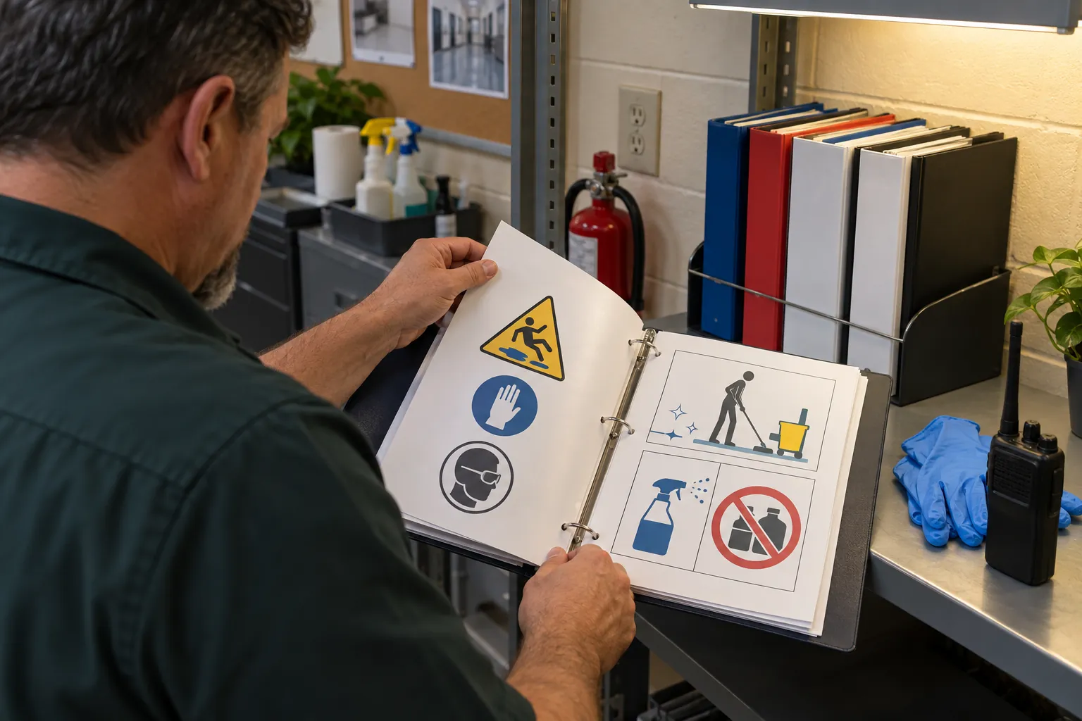 A custodial supervisor's hands turning pages of a binder on a shelf beside a rack of plain safety data sheet binders and a radio.