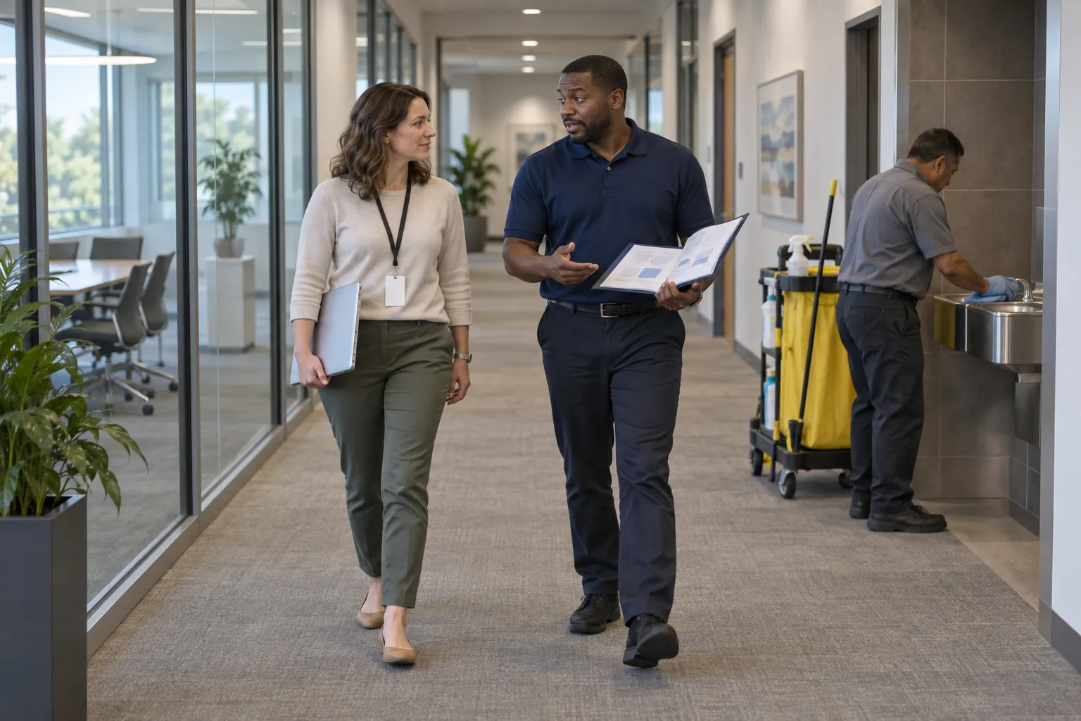 An assessor and a janitorial account manager with a binder walking an office corridor while a custodian works at a drinking fountain behind them.