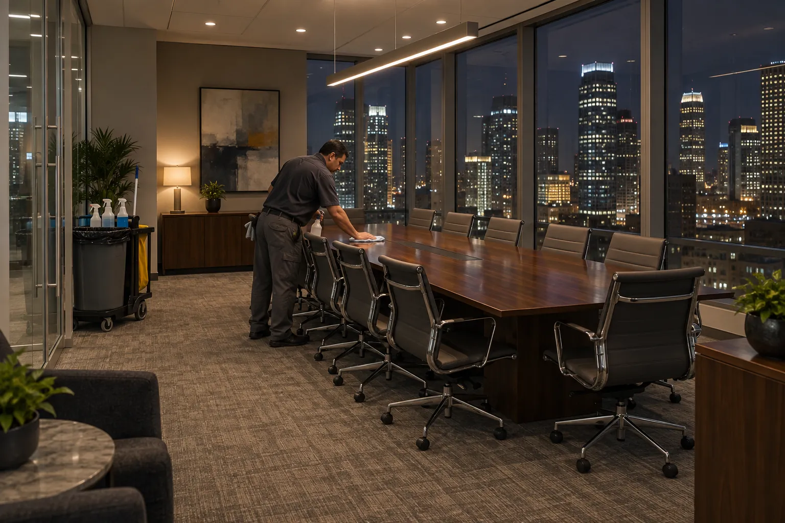 A night custodian wiping a conference table in a high-rise office, with a city skyline lit up outside.