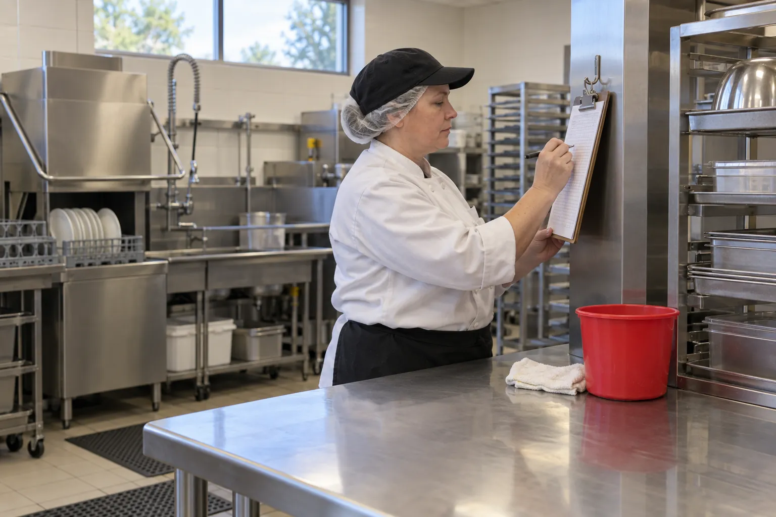 A school cafeteria cook initialing a clipboard at the end of a clean stainless steel prep line.