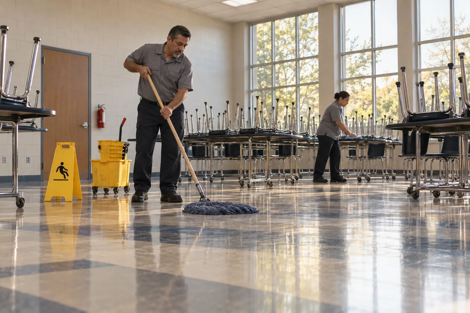 A school custodian mopping a cafeteria floor between rows of tables with the chairs stacked on top.