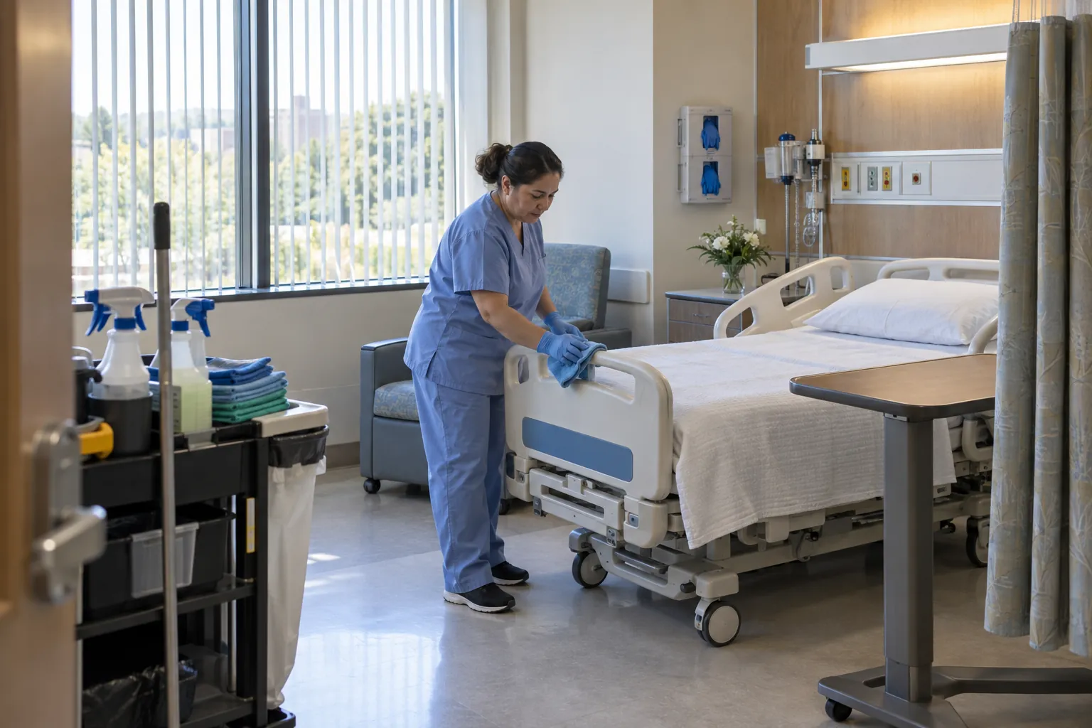 A hospital housekeeper in blue scrubs wiping a bedrail in an empty patient room.