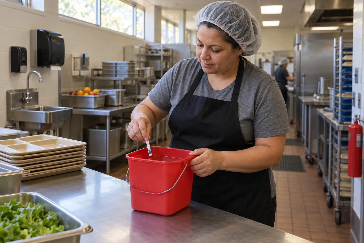 A school cafeteria worker dipping a test strip into a sanitizer bucket beside a stainless steel prep table.