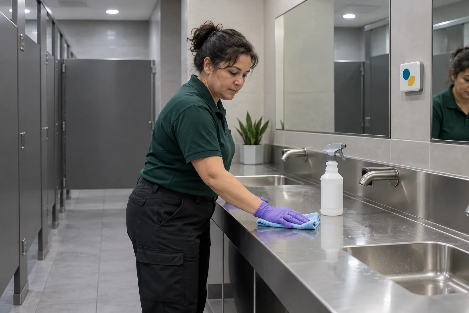 A custodian in gloves wiping a stainless steel sink counter in an office building restroom.
