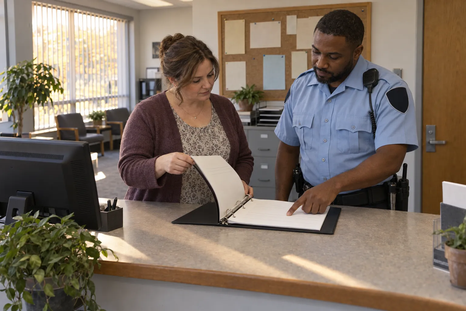 A records clerk and a campus security officer reviewing a binder of printed entries at a public safety office counter.