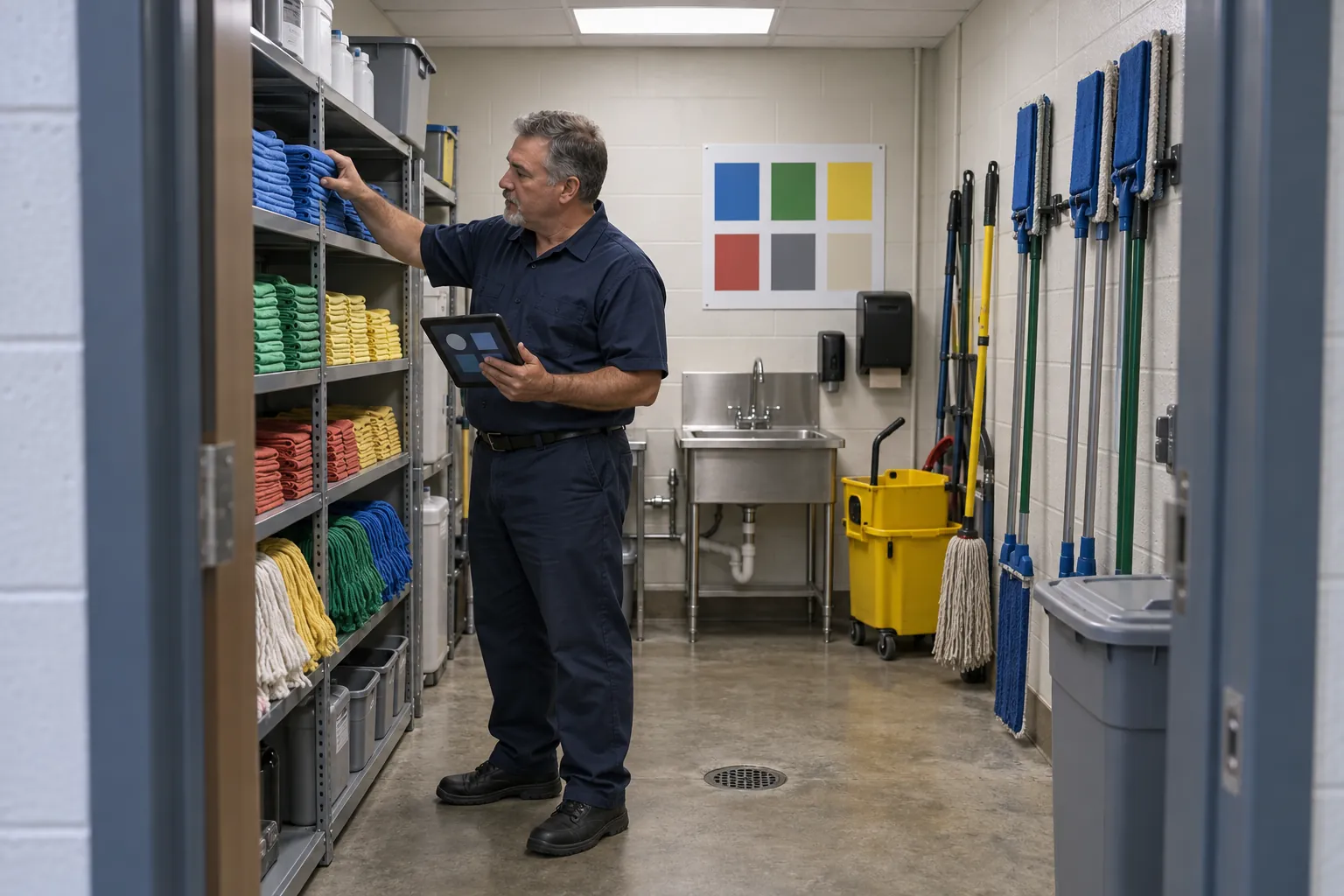 A supervisor in a janitor closet checking shelves of cloths and mop heads grouped by color, with mops hanging above a service sink.