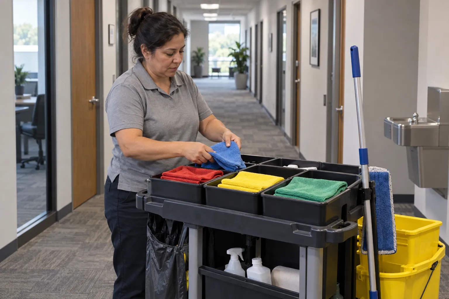 A custodian sorting folded microfiber cloths in red, yellow, blue and green into separate bins on a cleaning cart in an office corridor.