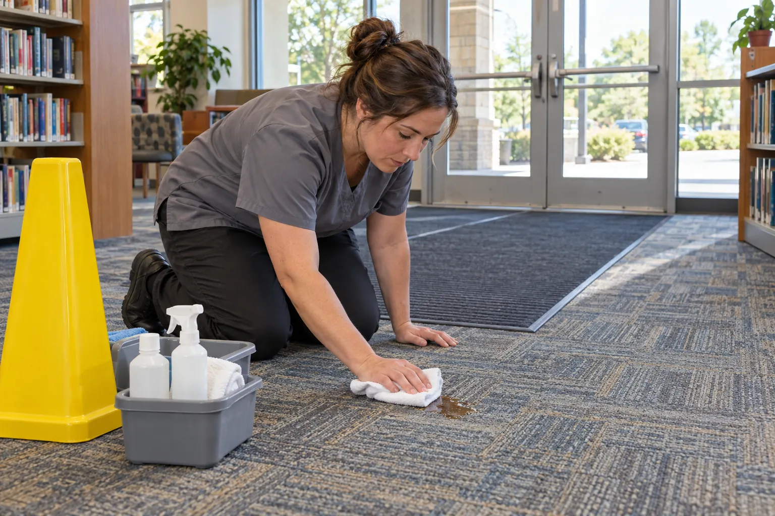 A custodian kneeling inside a library entrance to blot a spill on the carpet with a white cloth, a wet floor cone and spotting kit beside her.