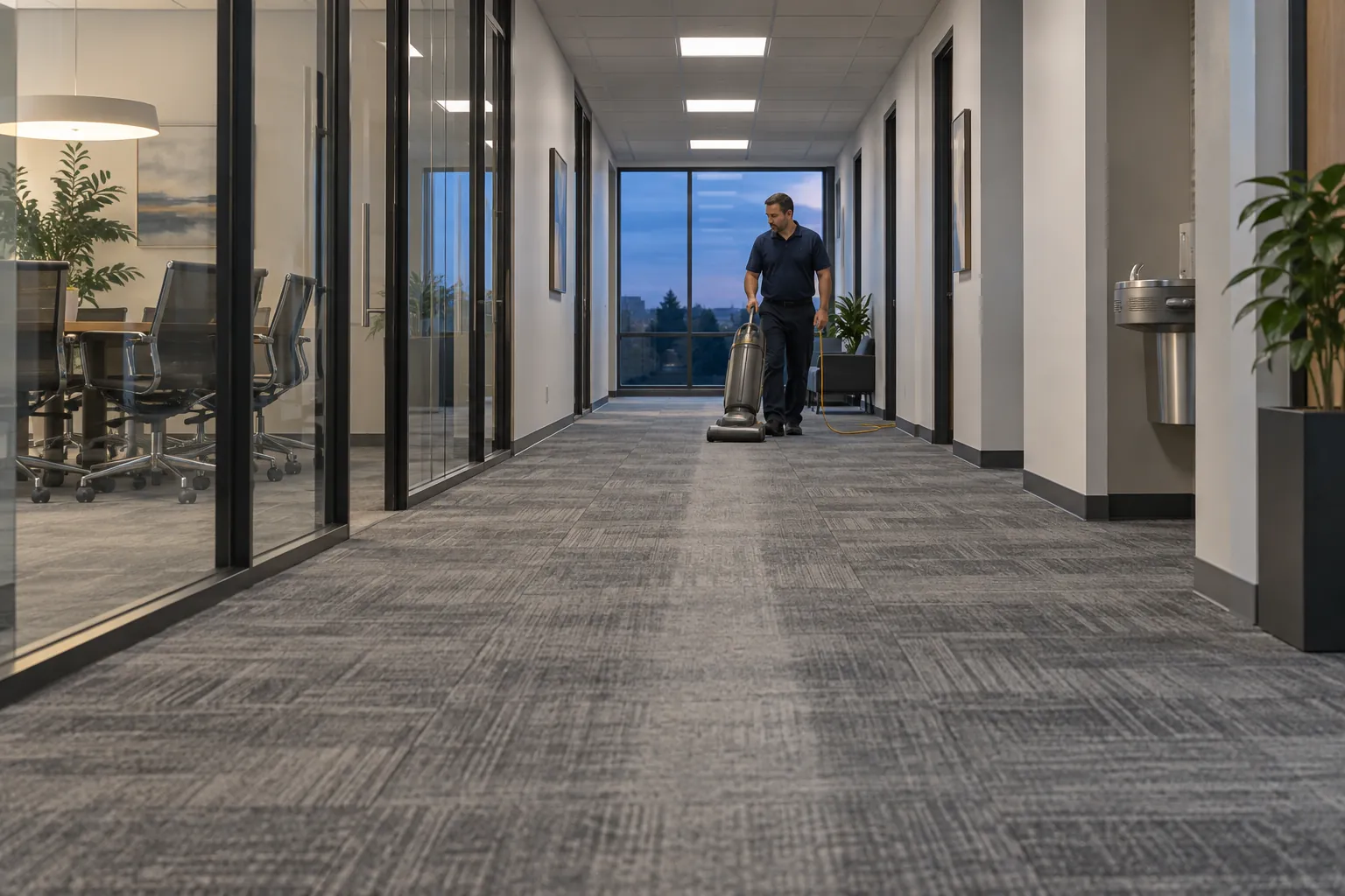 A janitorial technician vacuuming a long carpet-tiled office corridor in the early evening, glass-walled meeting rooms along one side.
