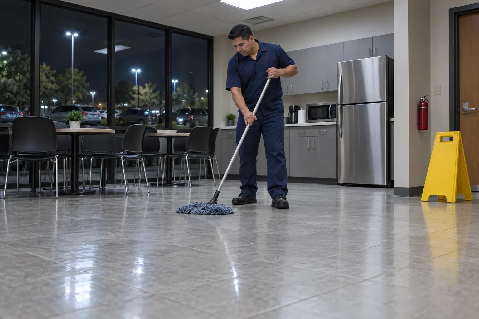 A cleaner mopping a breakroom floor at night beside a yellow wet floor sign.