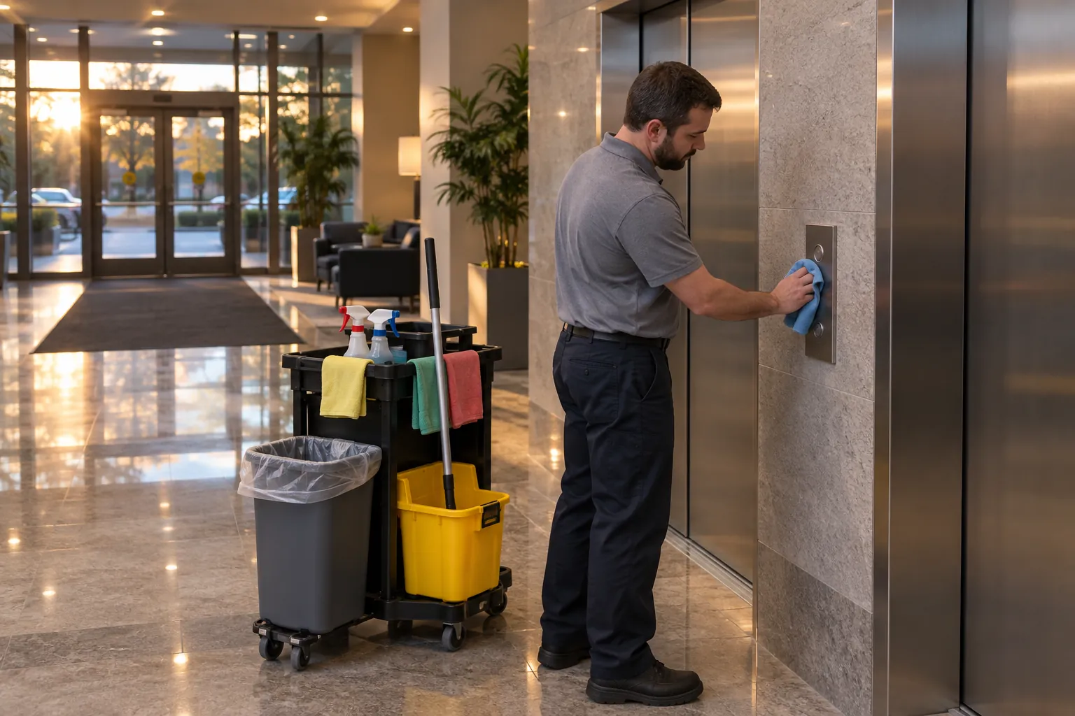 A custodian wiping elevator call buttons in an office lobby beside a janitorial cart.