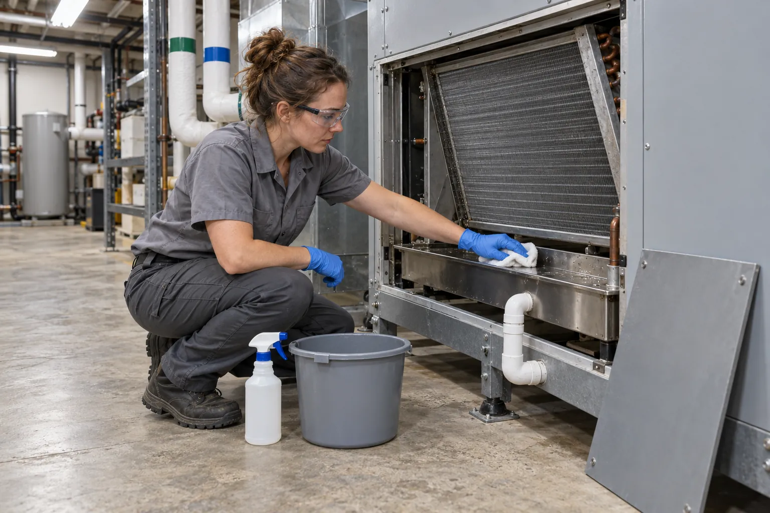 An HVAC technician crouching at an open air handling unit in a school mechanical room, wiping out the condensate drain pan under the cooling coil.