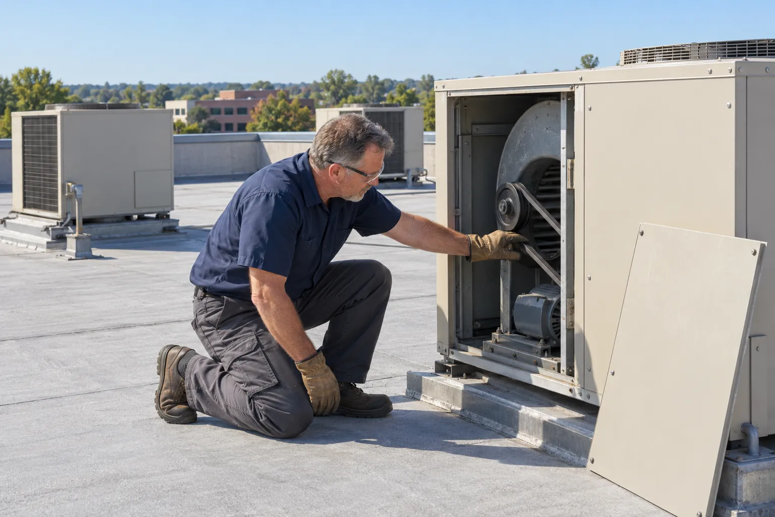 A building engineer kneeling at an open rooftop unit on a flat office roof, checking the tension of the fan belt with a gloved hand.