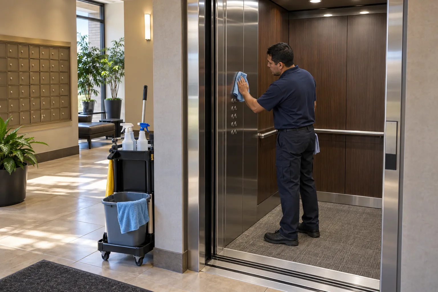 A custodian wiping the buttons inside an open elevator car beside a cleaning cart in a condo lobby.