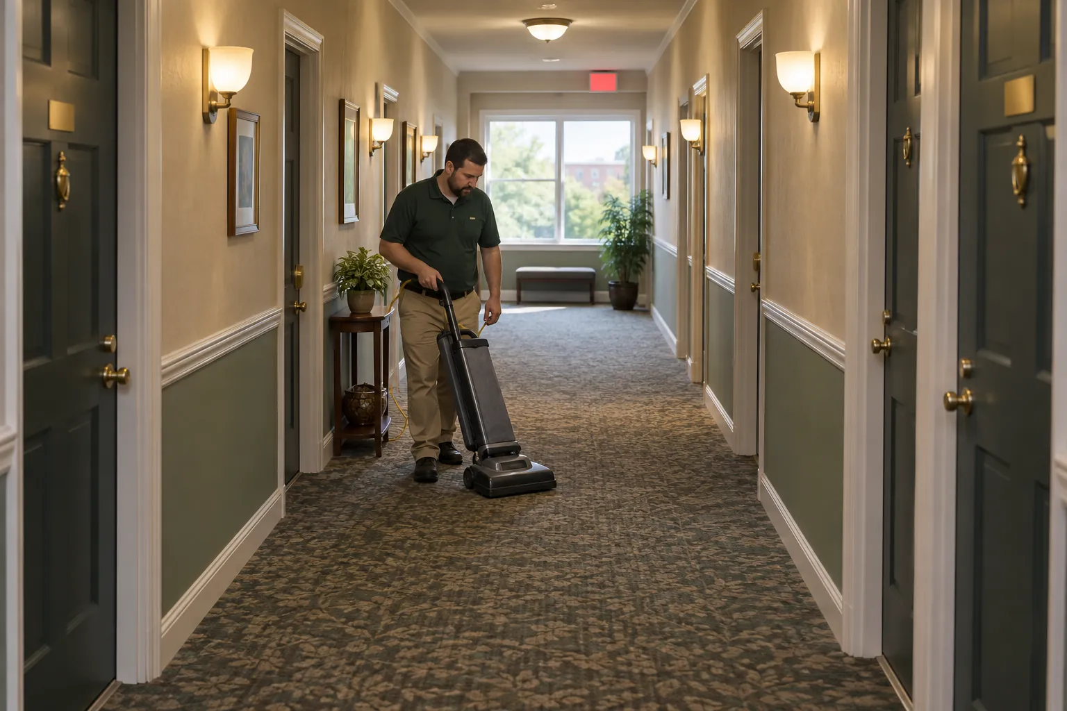 A custodian vacuuming the carpet of a long apartment building hallway lined with unit doors.