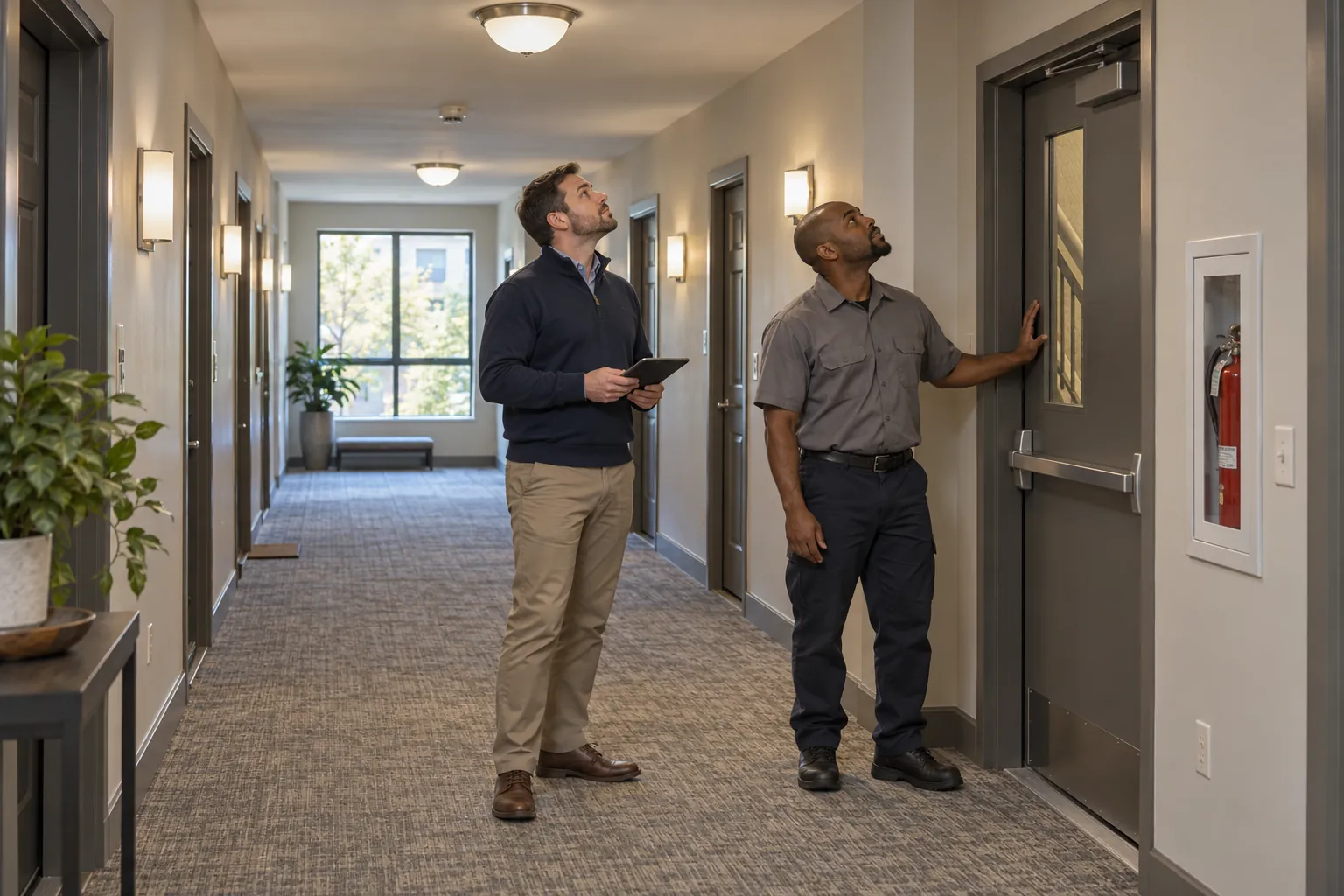 A property manager and a maintenance technician walking an apartment building corridor, one looking up at a ceiling light and the other checking a stair door.