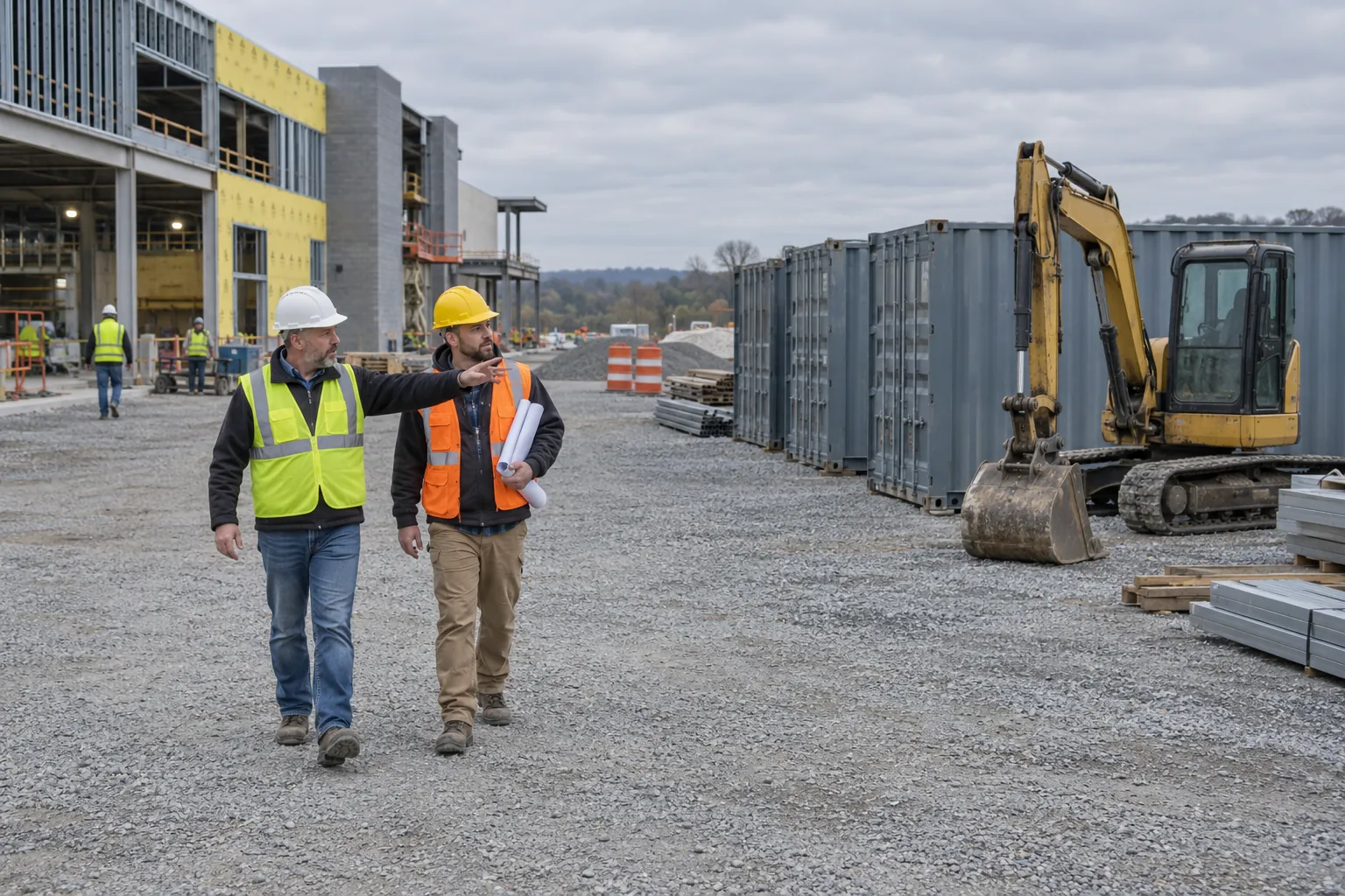 A superintendent and a foreman in hard hats walking past storage containers and a compact excavator in a construction site's equipment yard on an overcast morning.