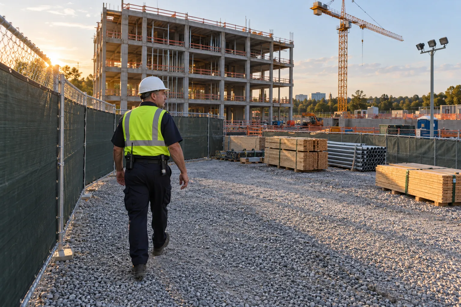 A security officer in a hard hat and high-visibility vest walking along the inside of a construction site fence, with a partly built steel and concrete frame and a tower crane behind him.