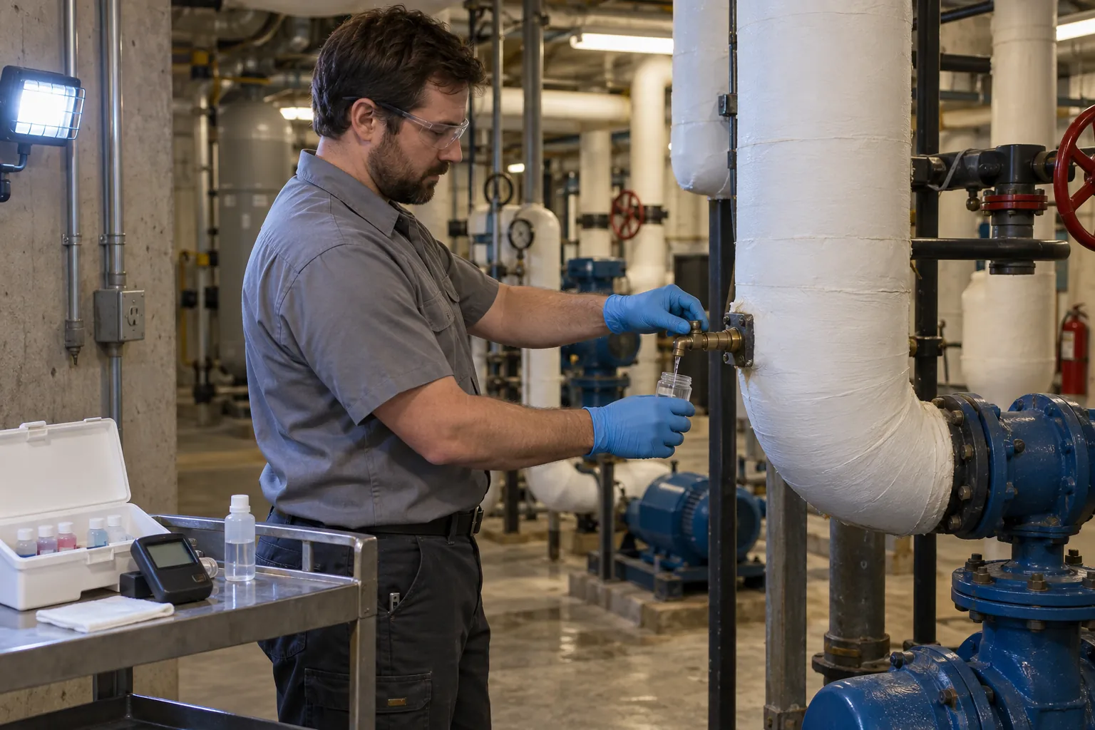 An engineer in gloves drawing a water sample from a valve on piping in a basement mechanical room, a test kit open on a cart beside him.