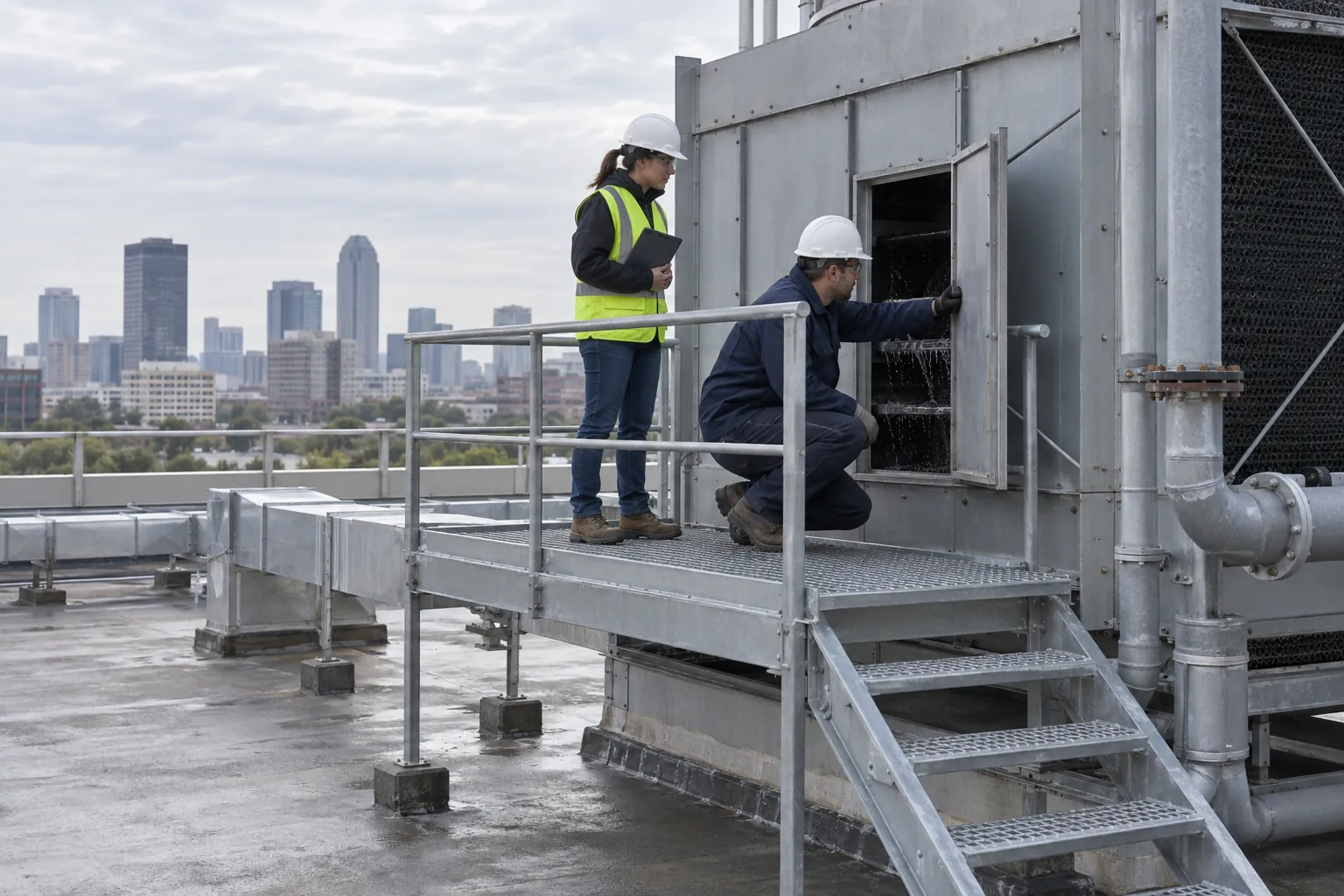 A building engineer on a rooftop cooling tower platform looking in through an open access door while a colleague stands behind him.
