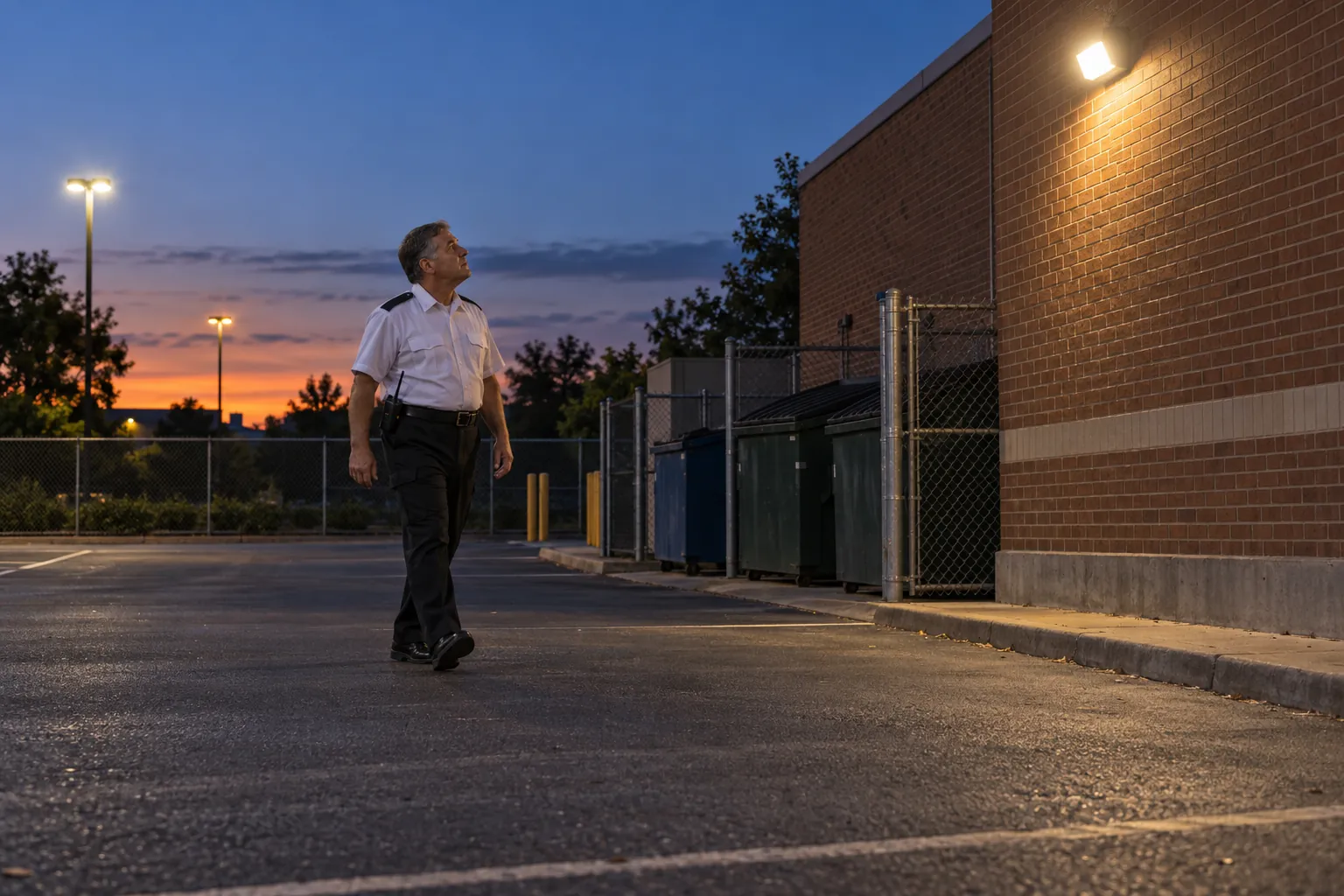 A security officer at dusk looking up at a wall light behind a brick retail building.