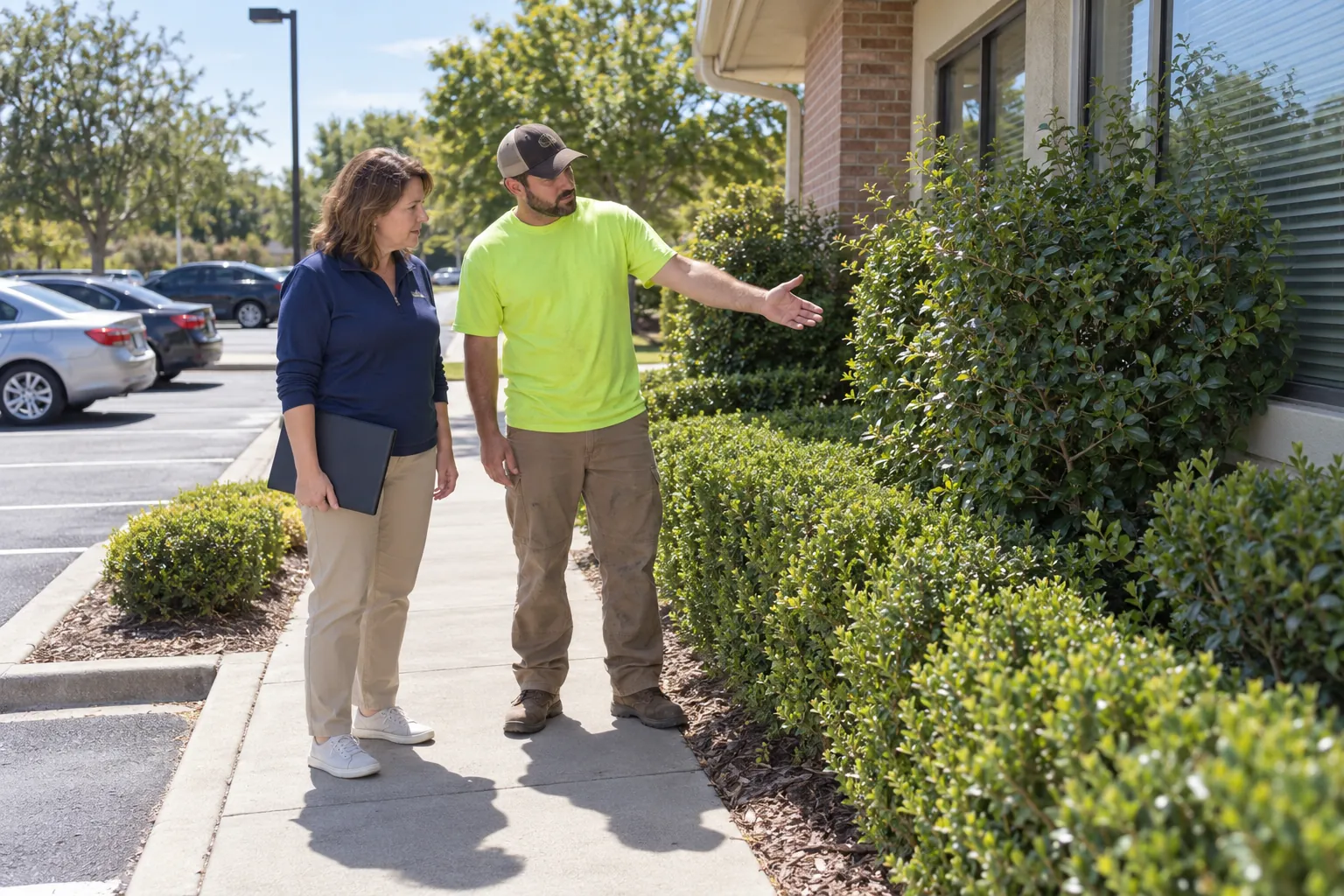 A property manager and a grounds worker looking at an overgrown hedge in front of an office window.