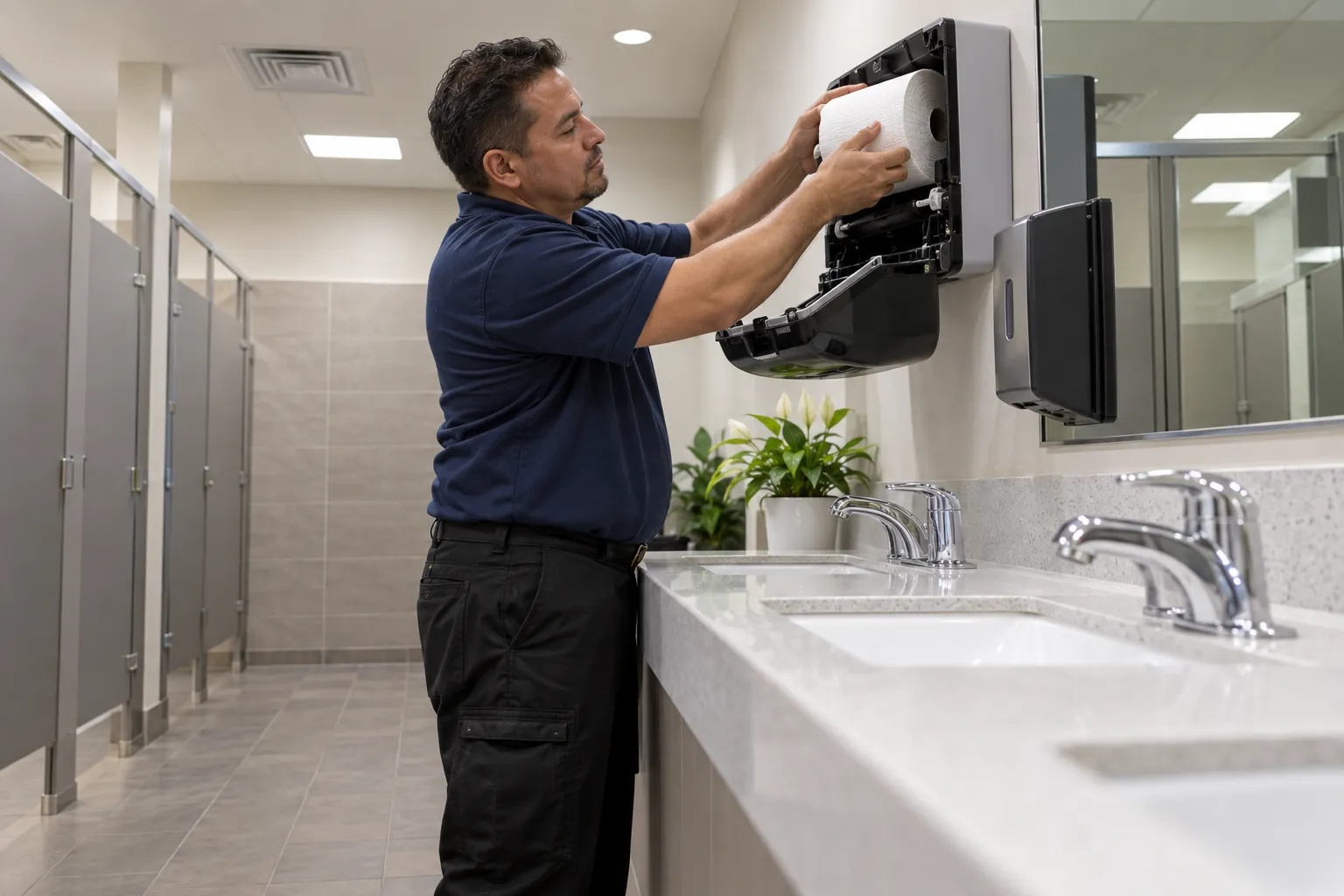 A day porter refilling a paper towel dispenser in an office restroom at midday.