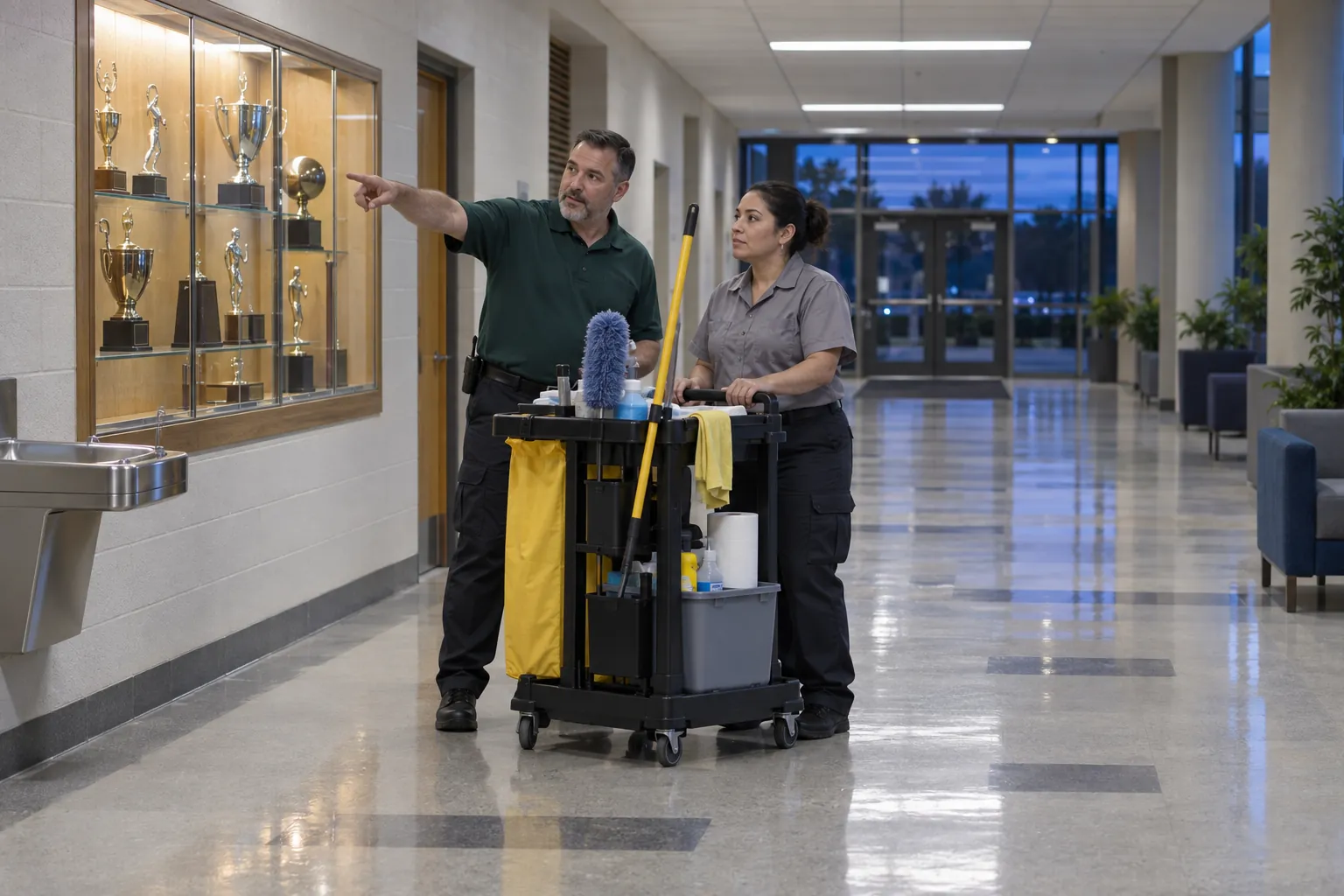 A custodial supervisor and a custodian beside a janitorial cart in a college corridor, planning the evening route.