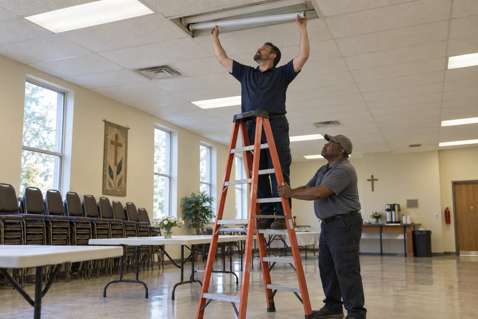 A custodian on a stepladder changing a ceiling light in a church fellowship hall while a colleague steadies the ladder.