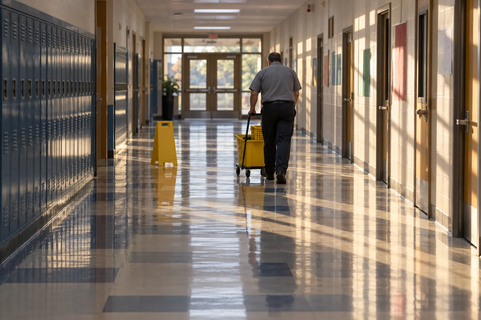A custodian mopping a school hallway lined with lockers, a wet floor sign behind them.