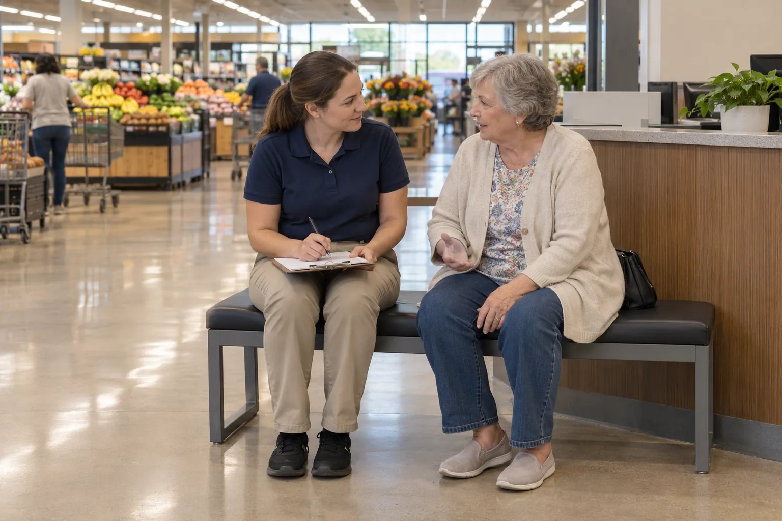 A store manager taking notes on a clipboard while an older customer sitting beside her on a bench describes what happened.