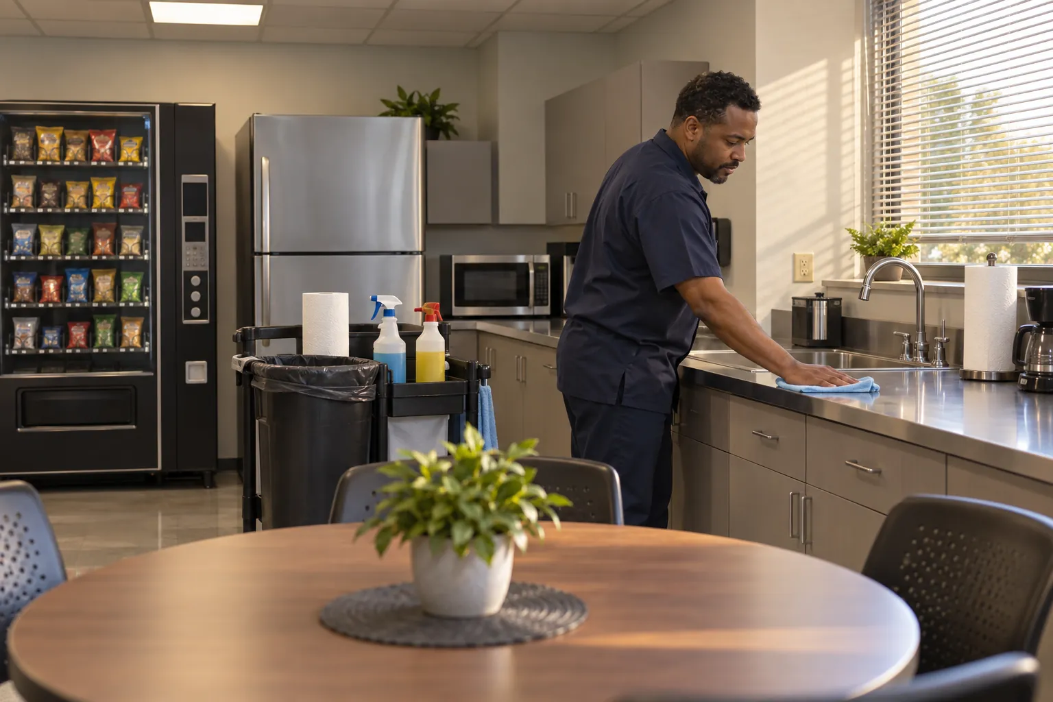 A day porter wiping a break room counter beside a small cleaning cart in an office kitchen.