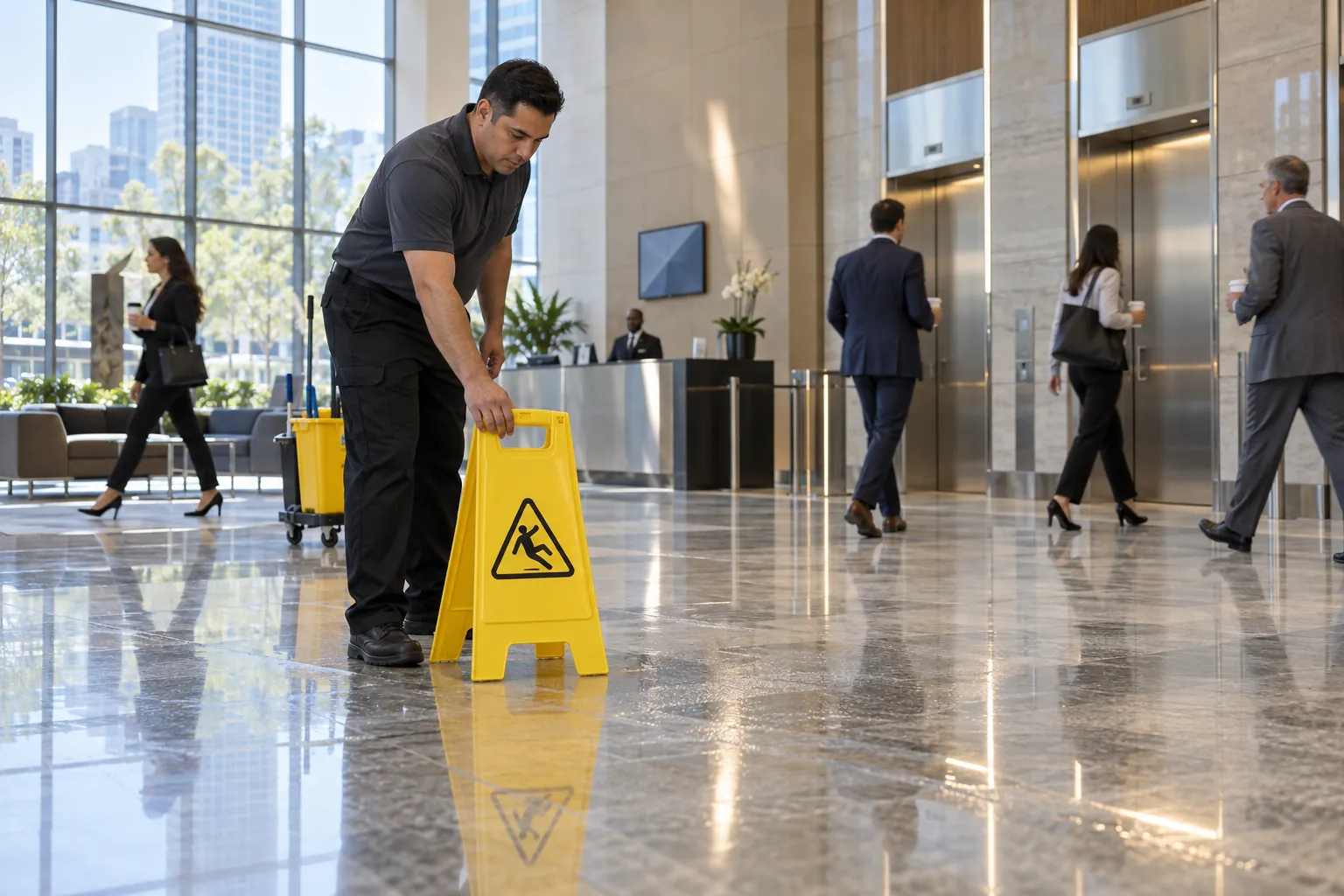 A day porter setting down a wet floor sign in a busy office tower lobby while workers walk past.