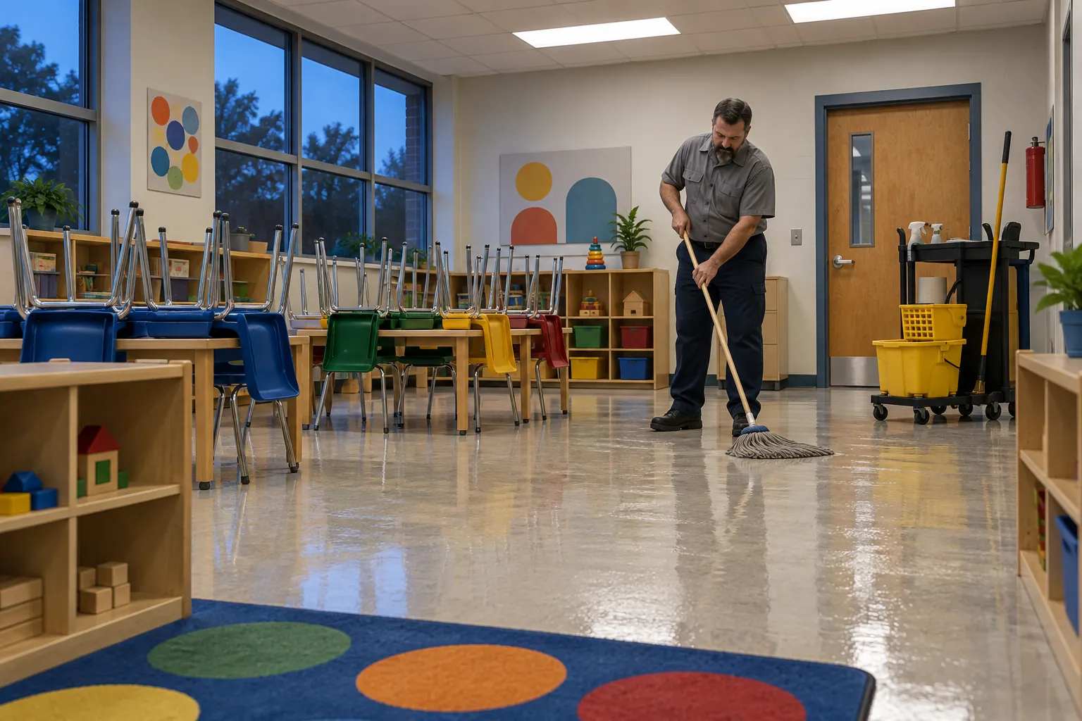 A custodian mopping the floor of an empty preschool classroom with small chairs stacked on the tables.