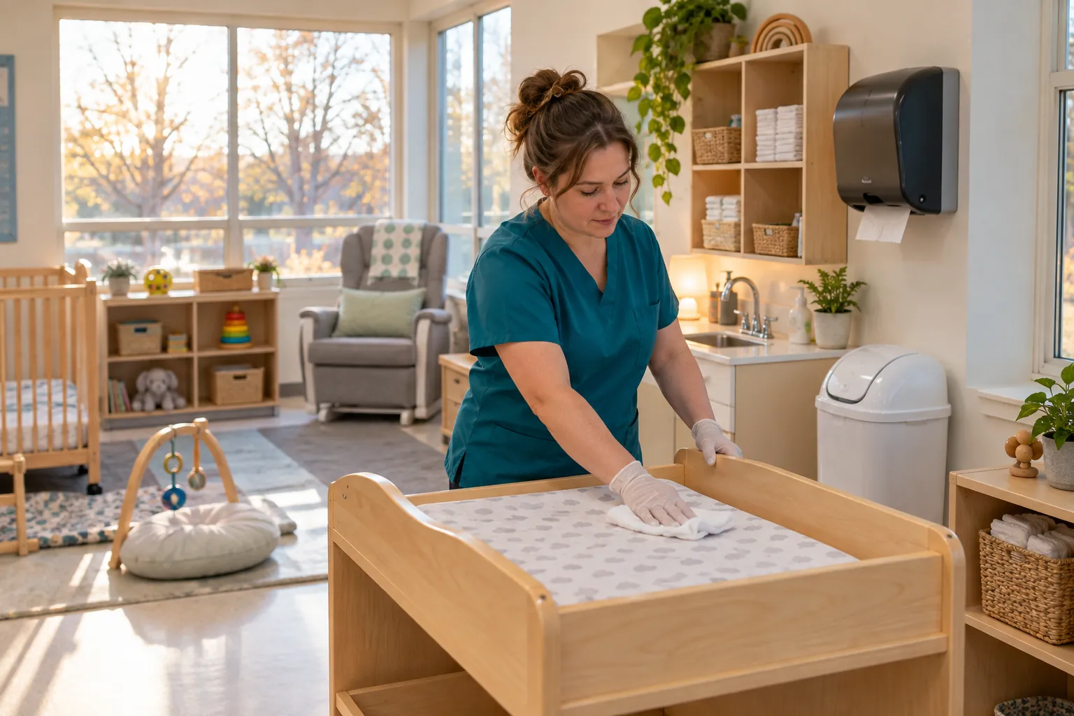 A child care worker in gloves wiping down a changing table beside a small sink in a bright infant room.
