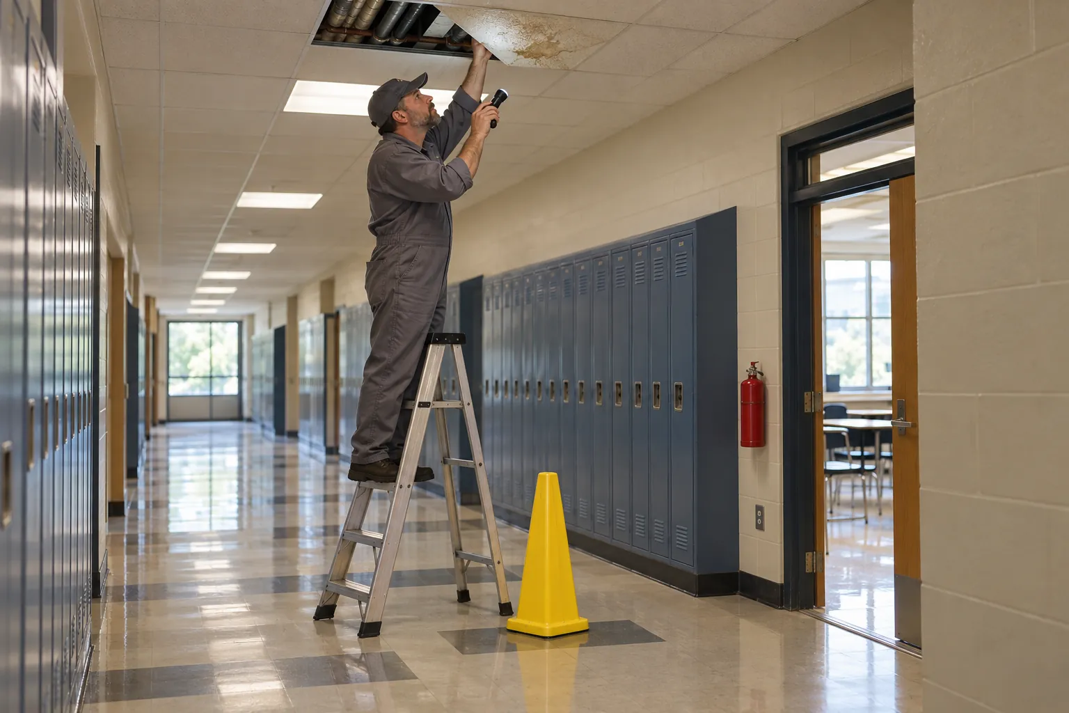 A maintenance technician on a step ladder lifting a stained ceiling tile in a school corridor, a caution cone on the floor below.