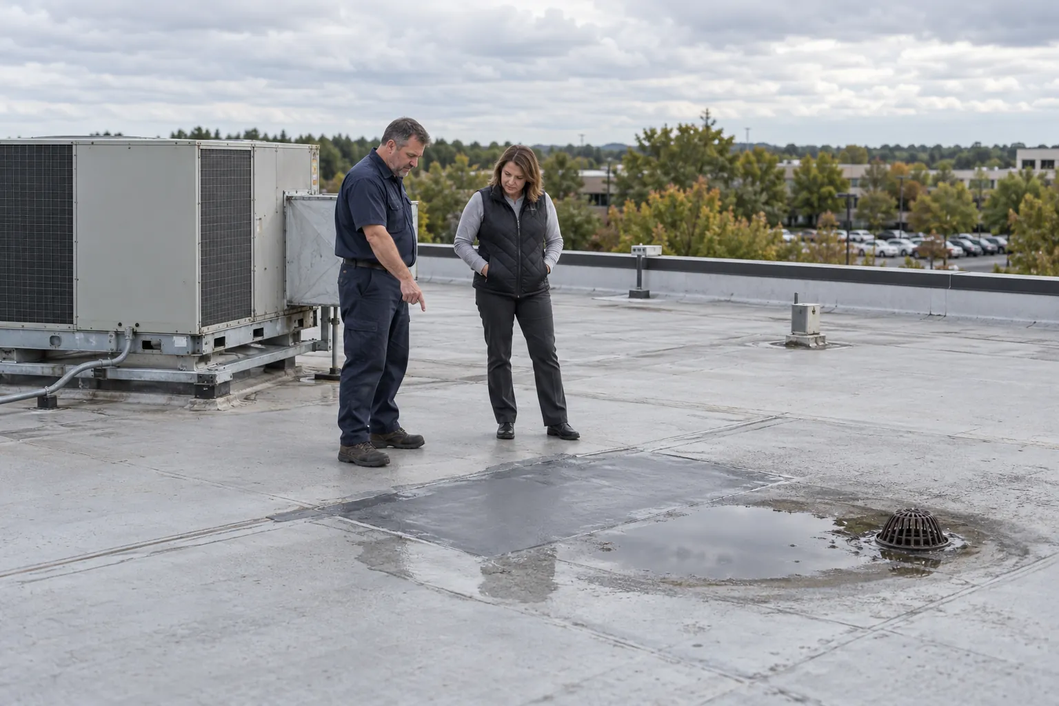 A building engineer and a facility manager inspecting a patched area of a flat roof beside a rooftop air handling unit.