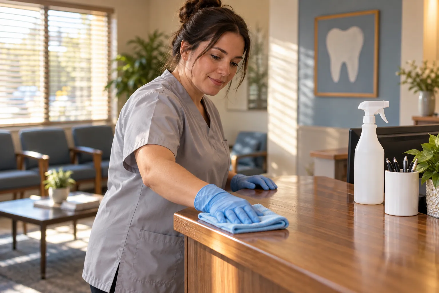 A cleaner in gloves wiping a dental office reception counter with a microfiber cloth, empty waiting chairs behind.