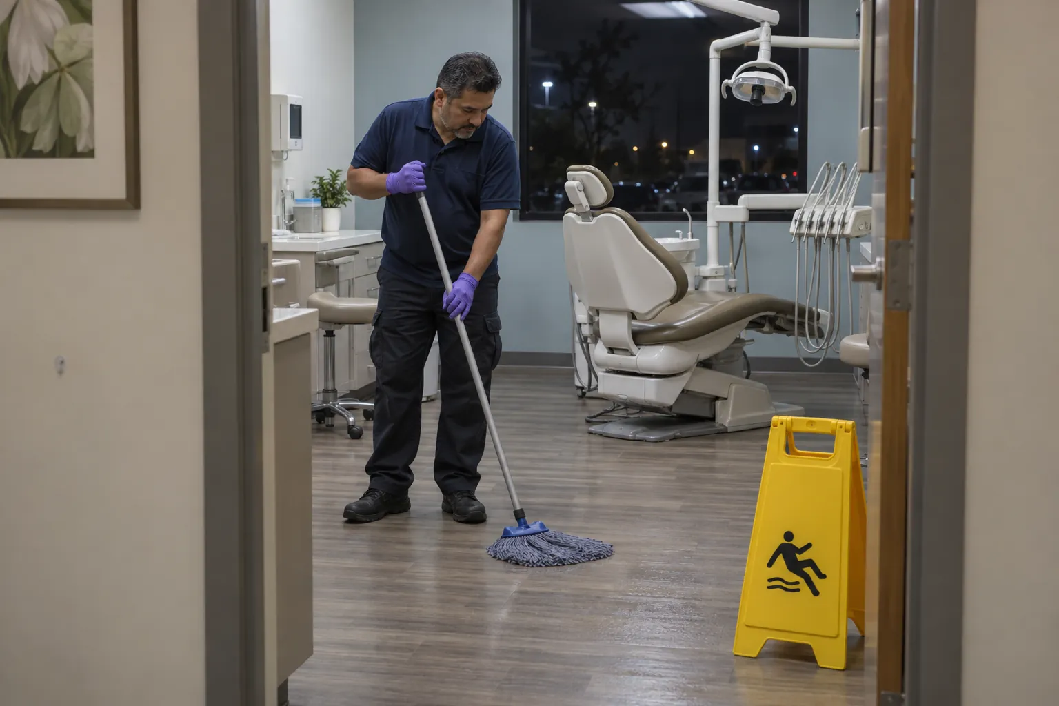 A janitor mopping the floor of an empty dental treatment room at night, the dental chair reclined behind him.