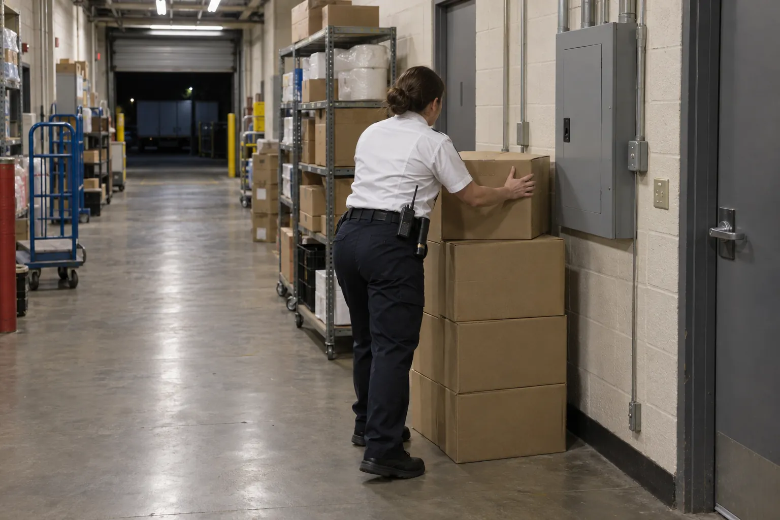 A security officer moving cardboard boxes away from a wall-mounted electrical panel in a back-of-house store corridor.