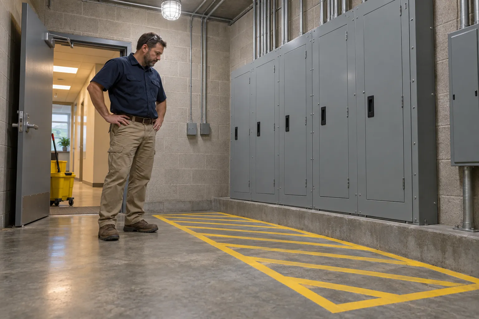A building engineer checking that the striped floor area in front of gray electrical panels is clear in a small electrical room.