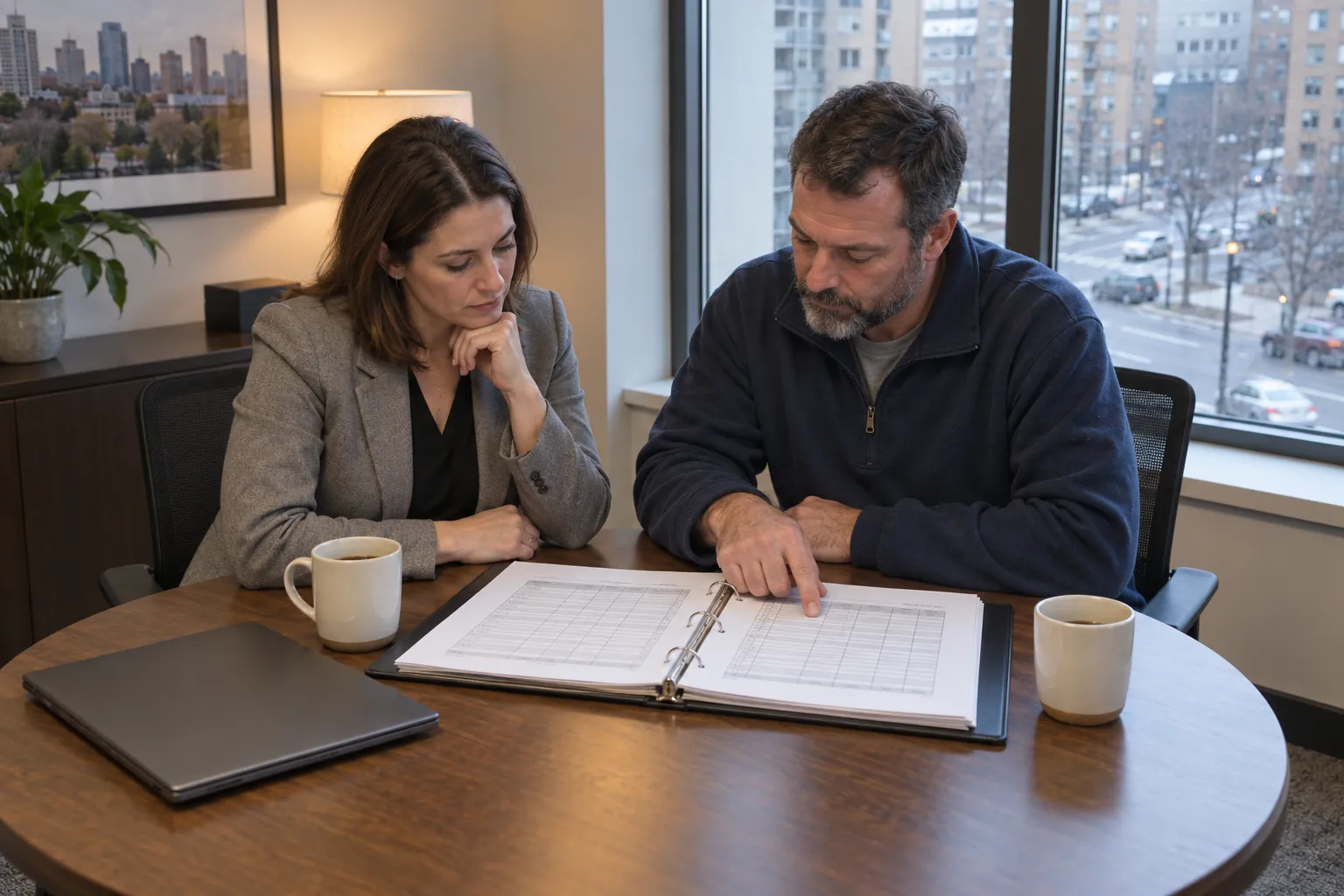 A property manager and an elevator service supervisor reviewing an open binder of service records at a table in a building management office.