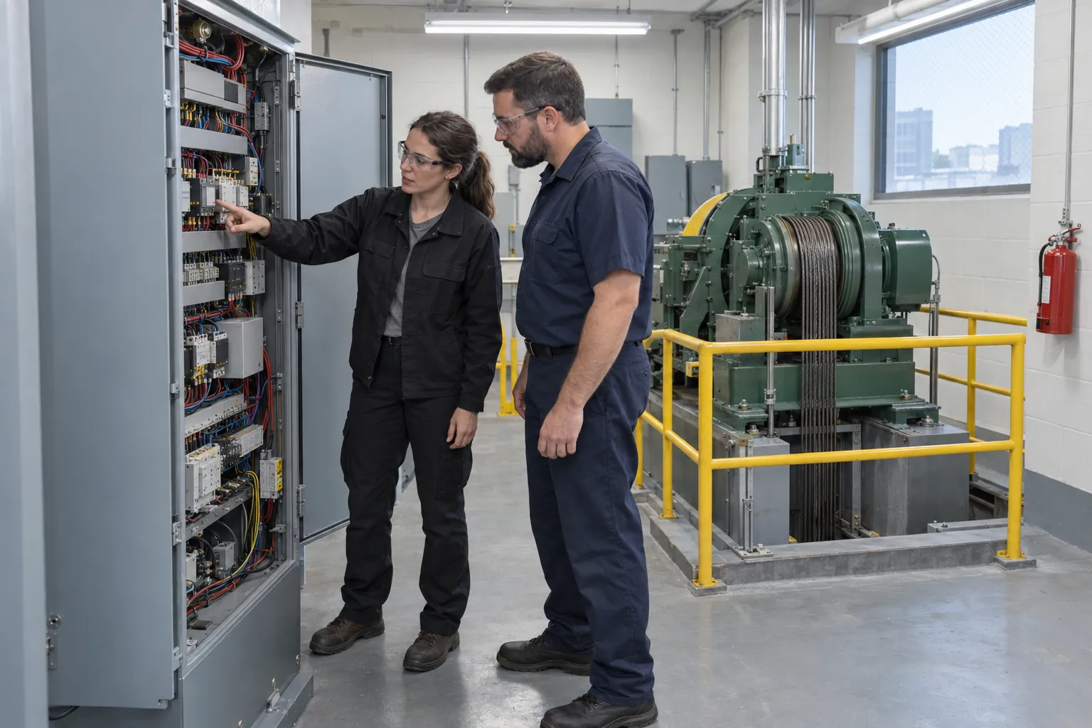 An elevator mechanic pointing at an open controller cabinet while a building engineer looks on, beside a traction machine in a rooftop machine room.