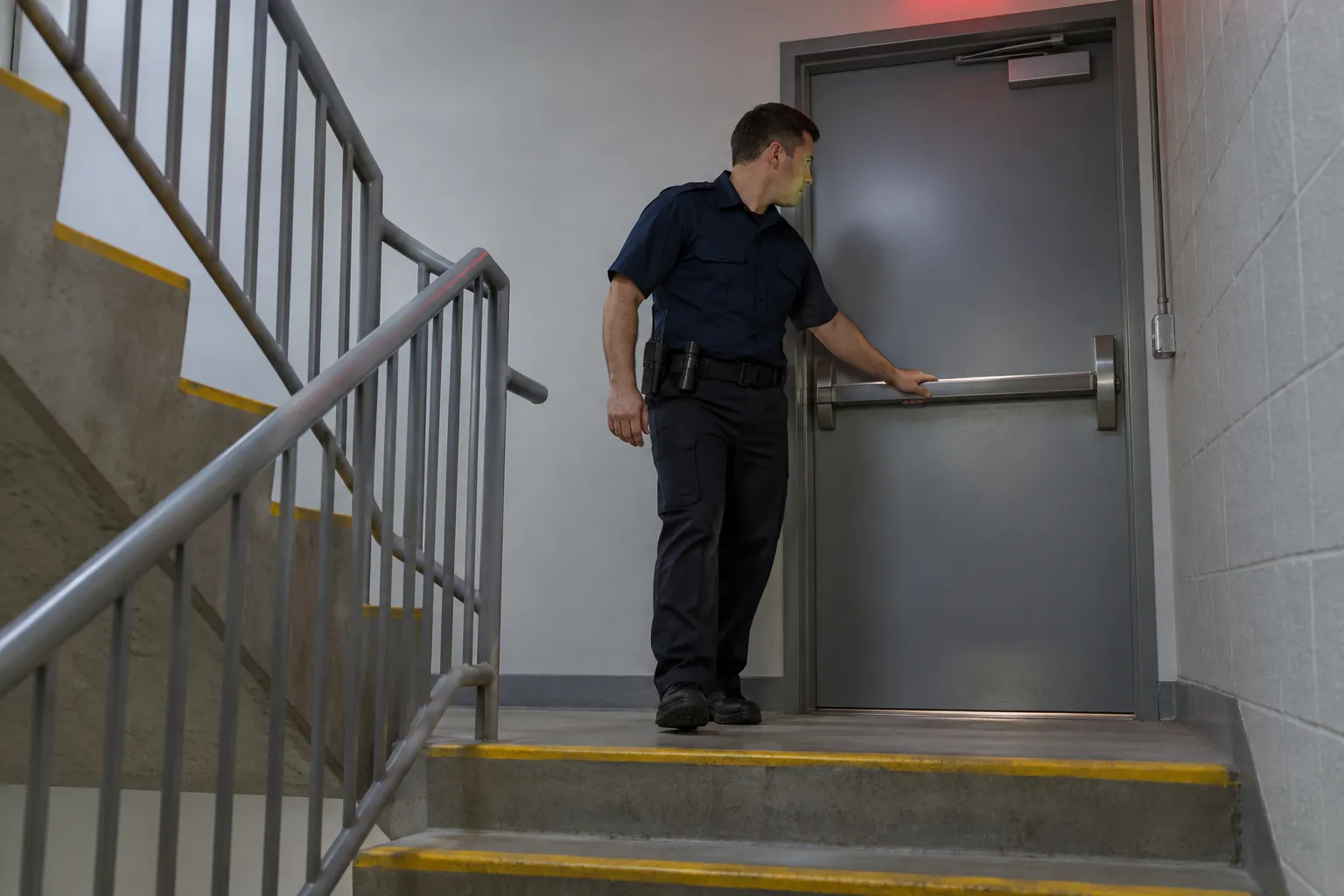 A security officer checking a clear stairwell landing and pushing open a steel stair door under a red exit sign.