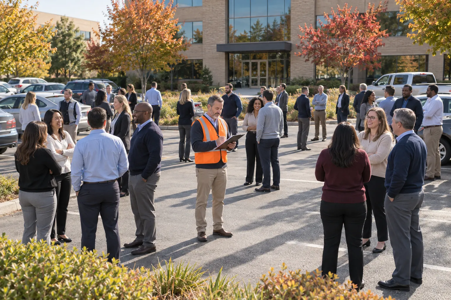 Office workers gathered in a parking lot during an evacuation drill while a warden in an orange vest counts heads with a clipboard.